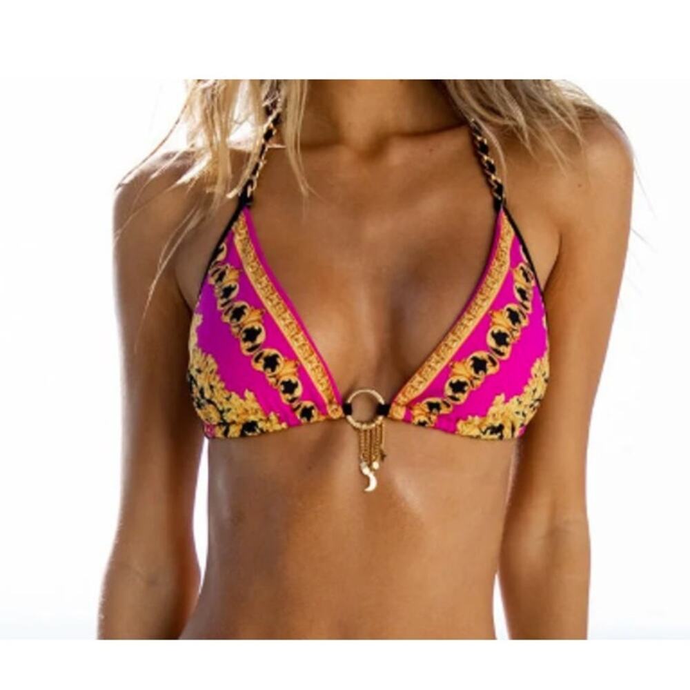 NWT Sauvage Bel Air Chain Triangle Bikini Top D Cup Pink Baroque Swimwear Gold